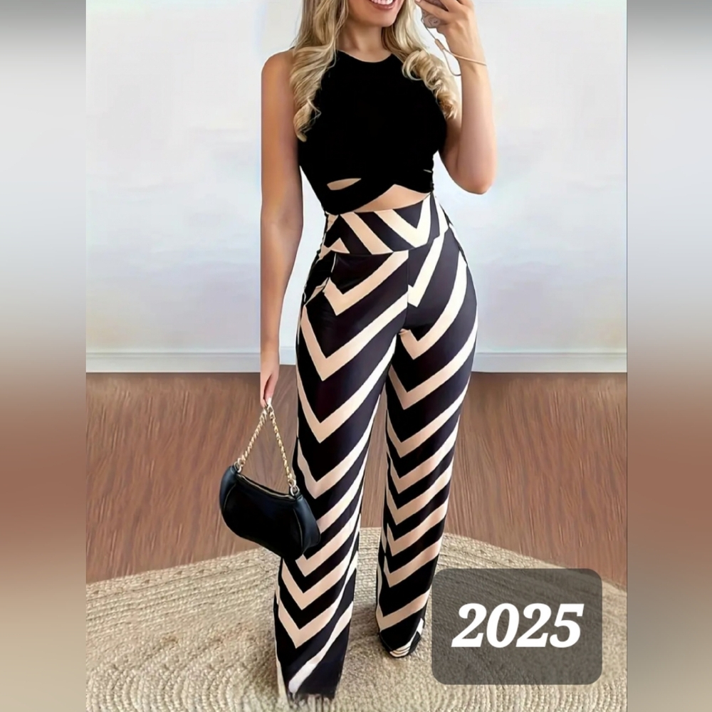 Black and Cream Chevron Wide Leg Jumpsuit
